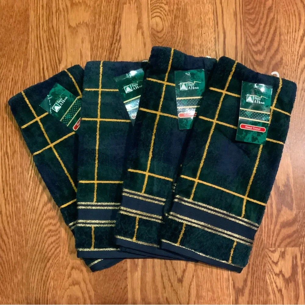 Hand Towels At Home Plush Blue Geen Gold Lot of 4 New with Tags Vintage